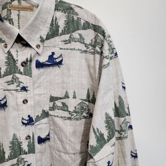 Munsingwear button down long sleeve shirt with canoe and forest print men size L - Picture 10 of 11